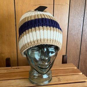 Navy Blue, Tan, & Cream Stripe Knit Hat